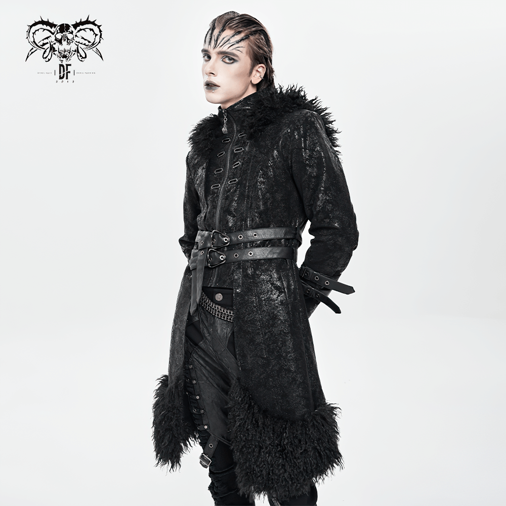 Gothic Faux Fur Hooded Trench Coat with Straps and Belts on model with dramatic hood and faux fur trim.