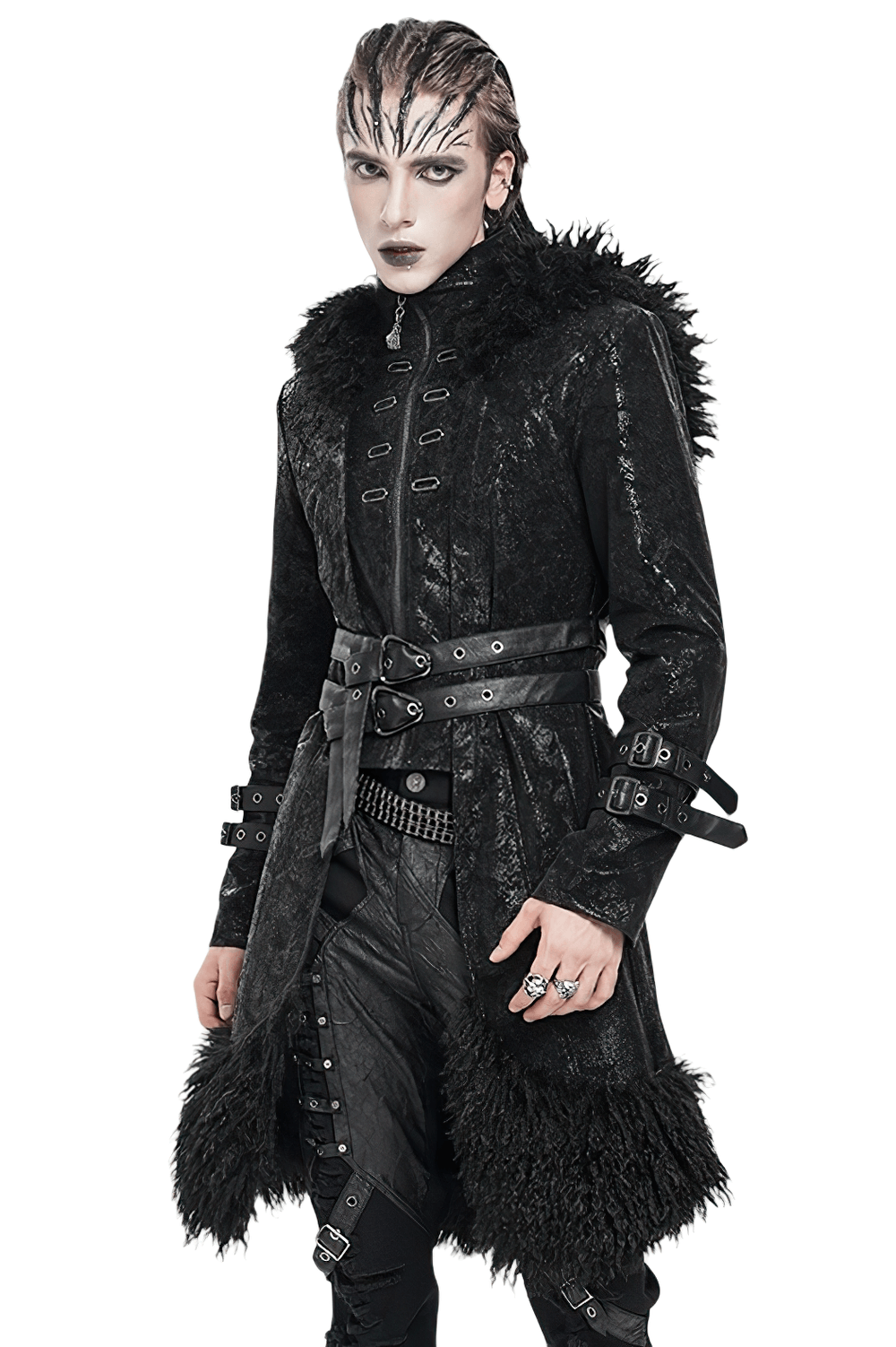 Gothic Faux Fur Hooded Trench Coat with Straps and Belts modeled by a person with dark makeup and styled hair.