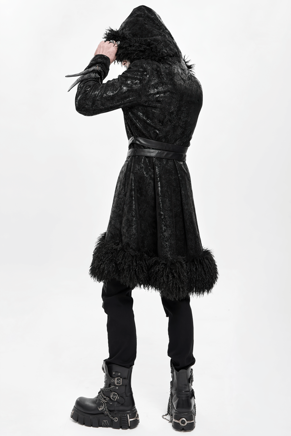 Gothic Faux Fur Hooded Trench Coat with Straps and Belts, showcasing the textured finish and dramatic hood.