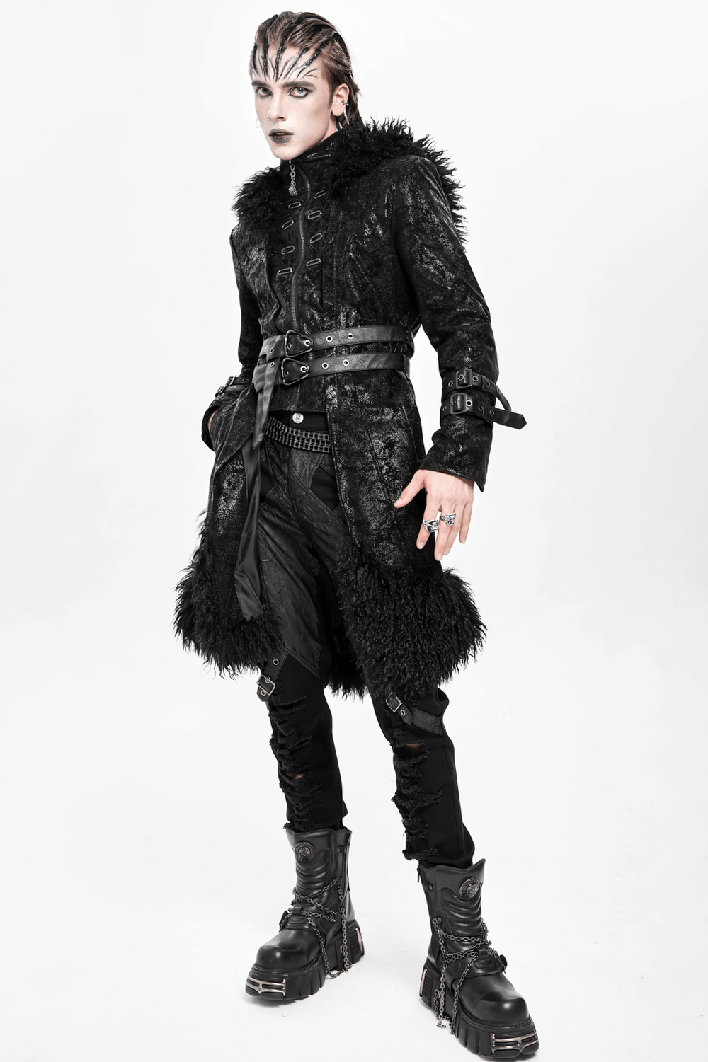 Gothic Faux Fur Hooded Trench Coat with Straps and Belts worn by a model in dark fashion style.