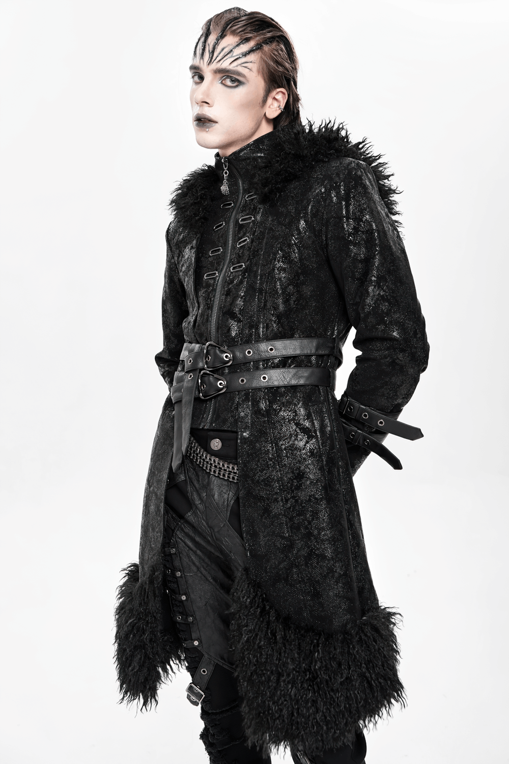 Gothic Faux Fur Hooded Trench Coat with Straps and Belts worn by model showcasing dark alternative fashion.