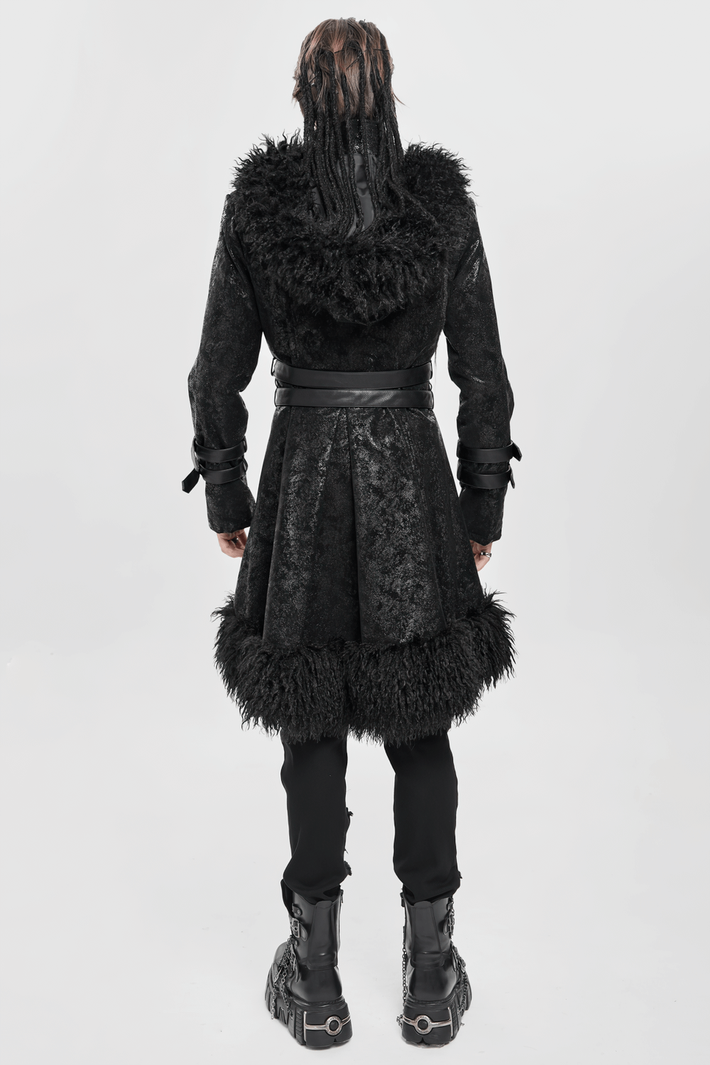 Gothic Faux Fur Hooded Trench Coat with Straps and Belts showcasing dramatic hood and textured finish from the back.