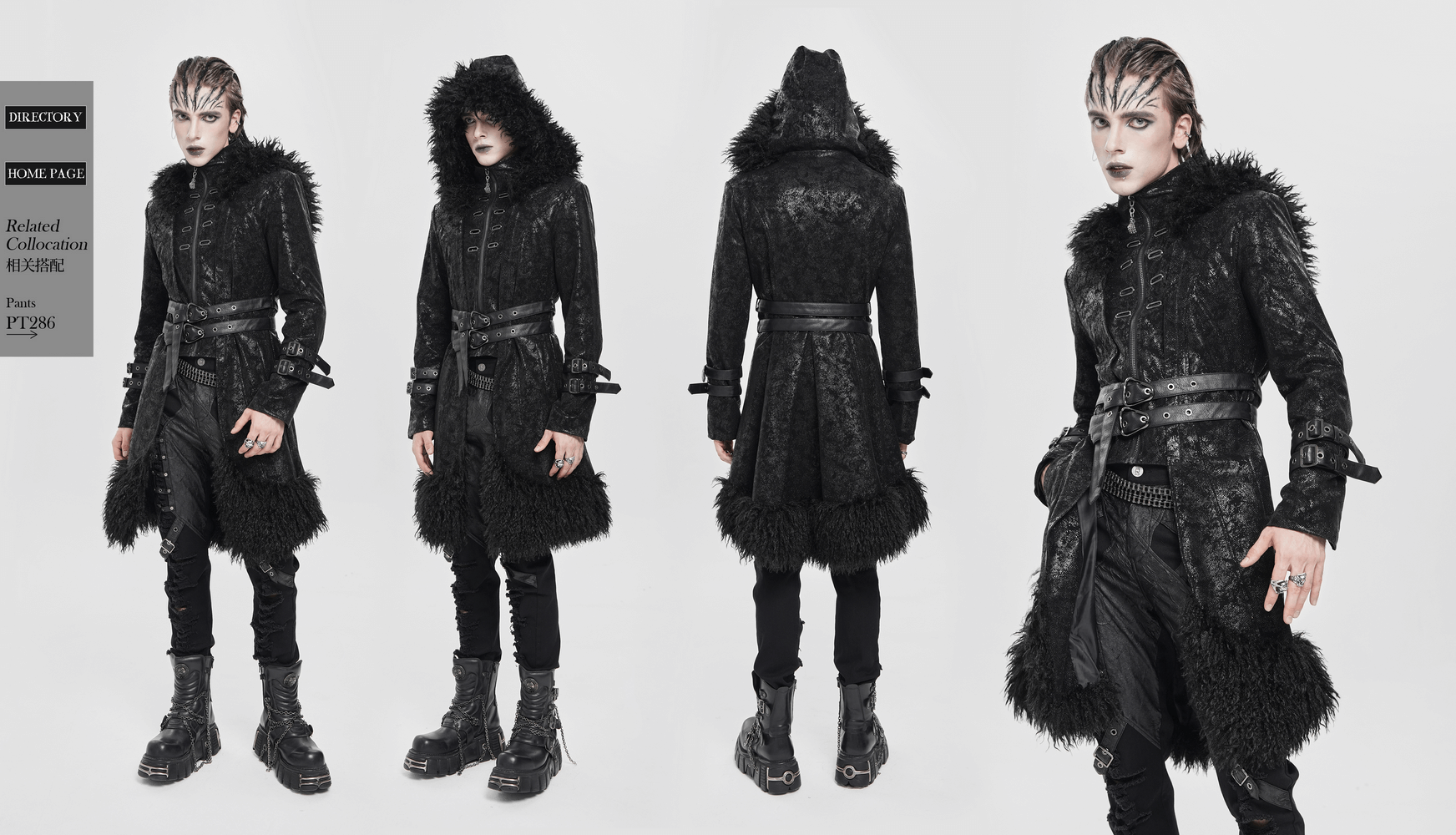 Gothic Faux Fur Hooded Trench Coat with Straps and Belts worn by model showcasing its dramatic hood and textured finish.