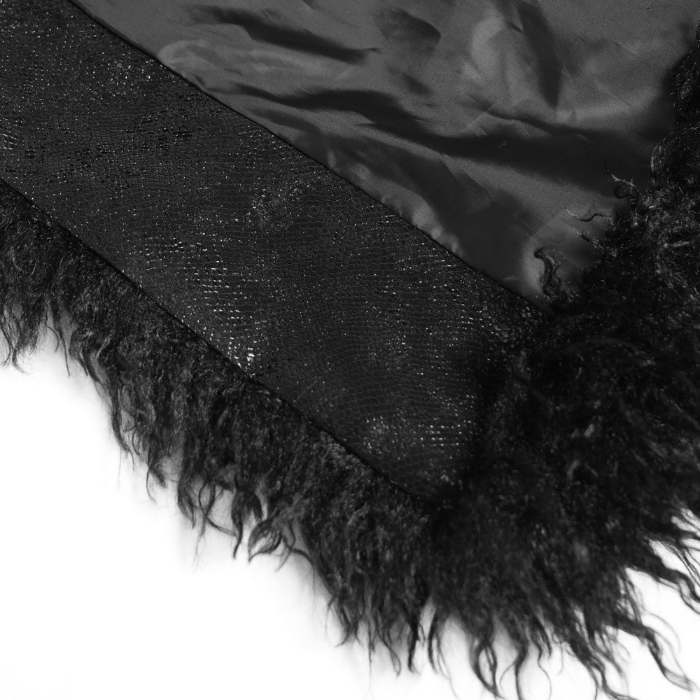 Gothic Faux Fur Hooded Trench Coat with Straps and Belts showcasing its luxurious faux fur trim and textured fabric.