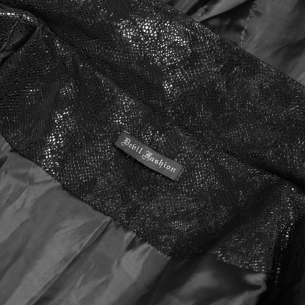 Gothic Faux Fur Hooded Trench Coat with Straps and Belts interior label showcasing Devil Fashion brand.