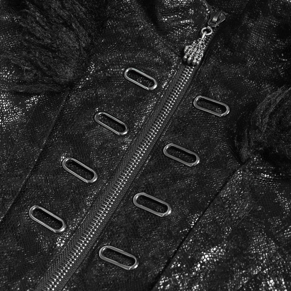 Gothic Faux Fur Hooded Trench Coat with Straps and Belts showing detailed zipper and buckle accents.