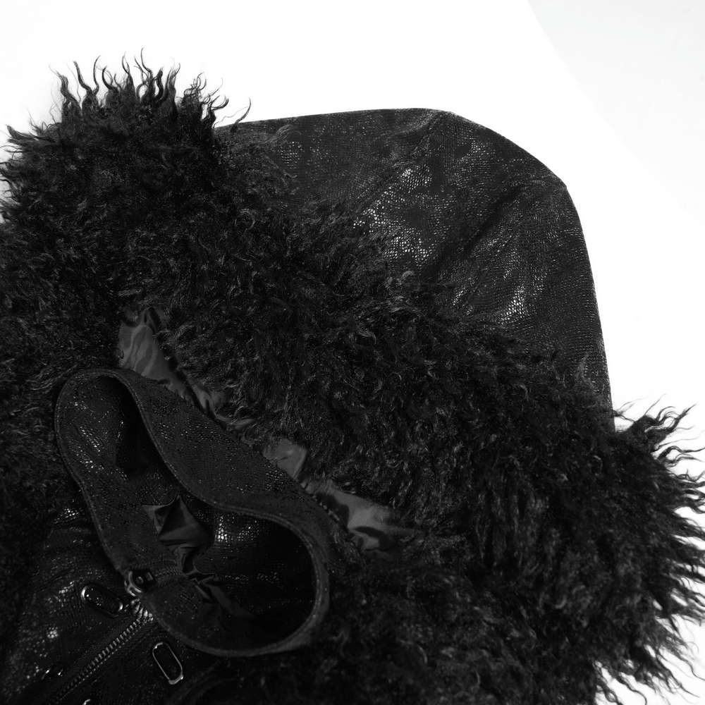 Gothic Faux Fur Hooded Trench Coat with Straps and Belts featuring faux fur trim and textured fabric close-up.