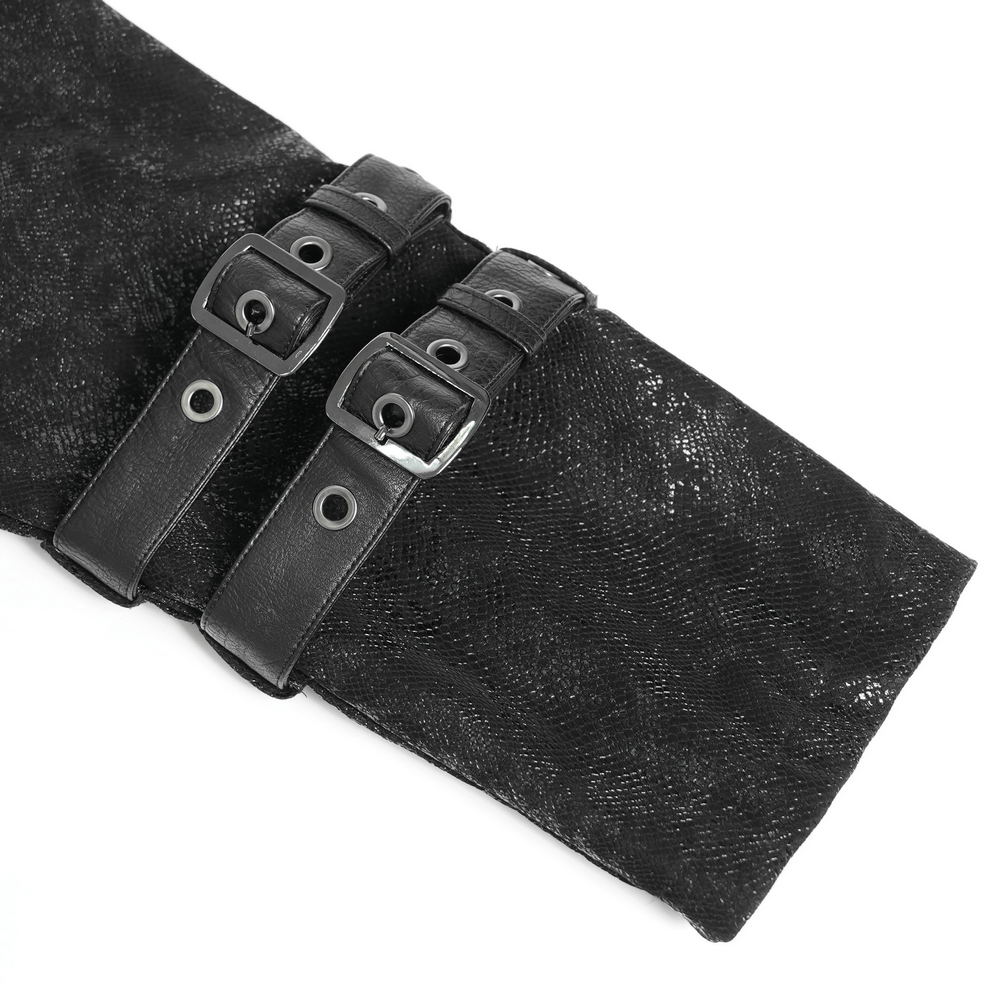 Gothic Faux Fur Hooded Trench Coat with Straps and Belts close-up showcasing textured fabric and buckle details.