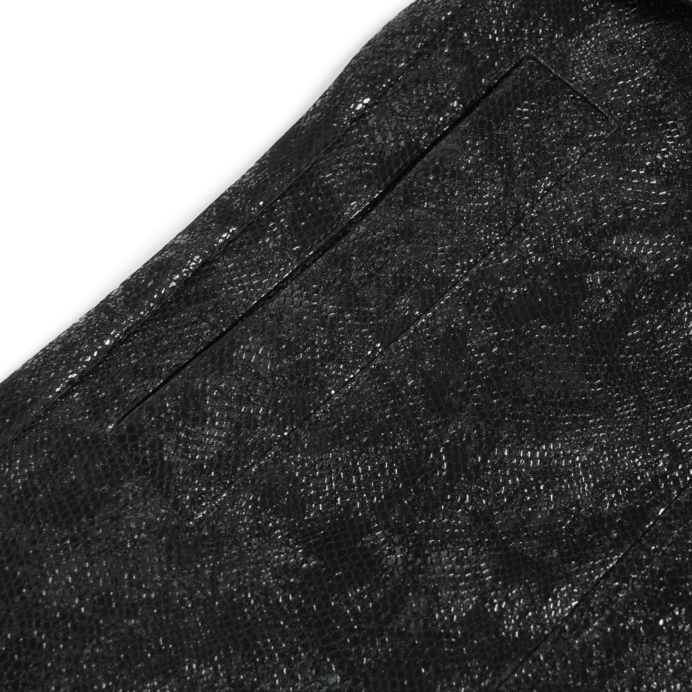 Gothic Faux Fur Hooded Trench Coat with Straps and Belts textured fabric close-up showing pocket detail.