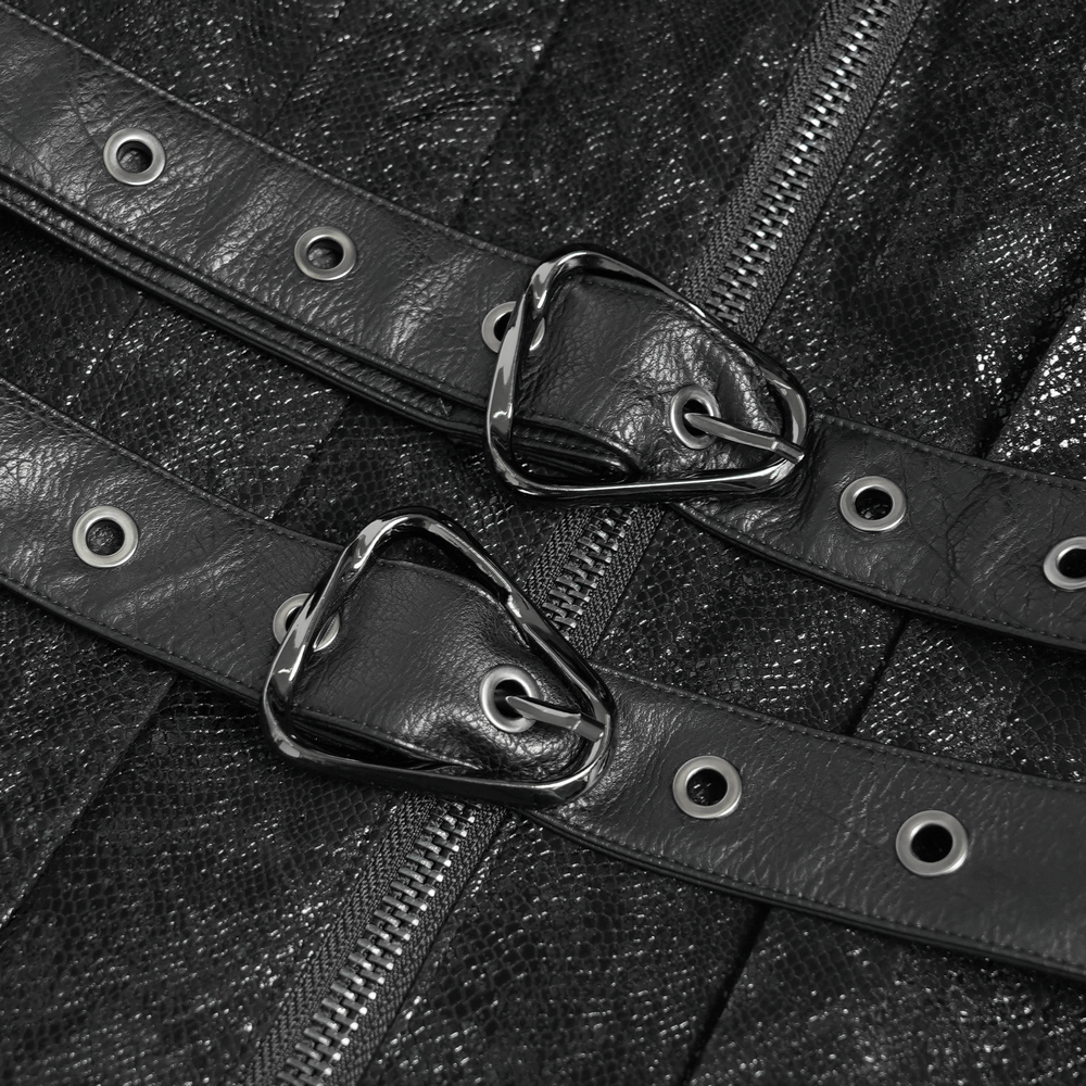 Gothic Faux Fur Hooded Trench Coat with Straps and Belts featuring buckles and textured fabric close-up.