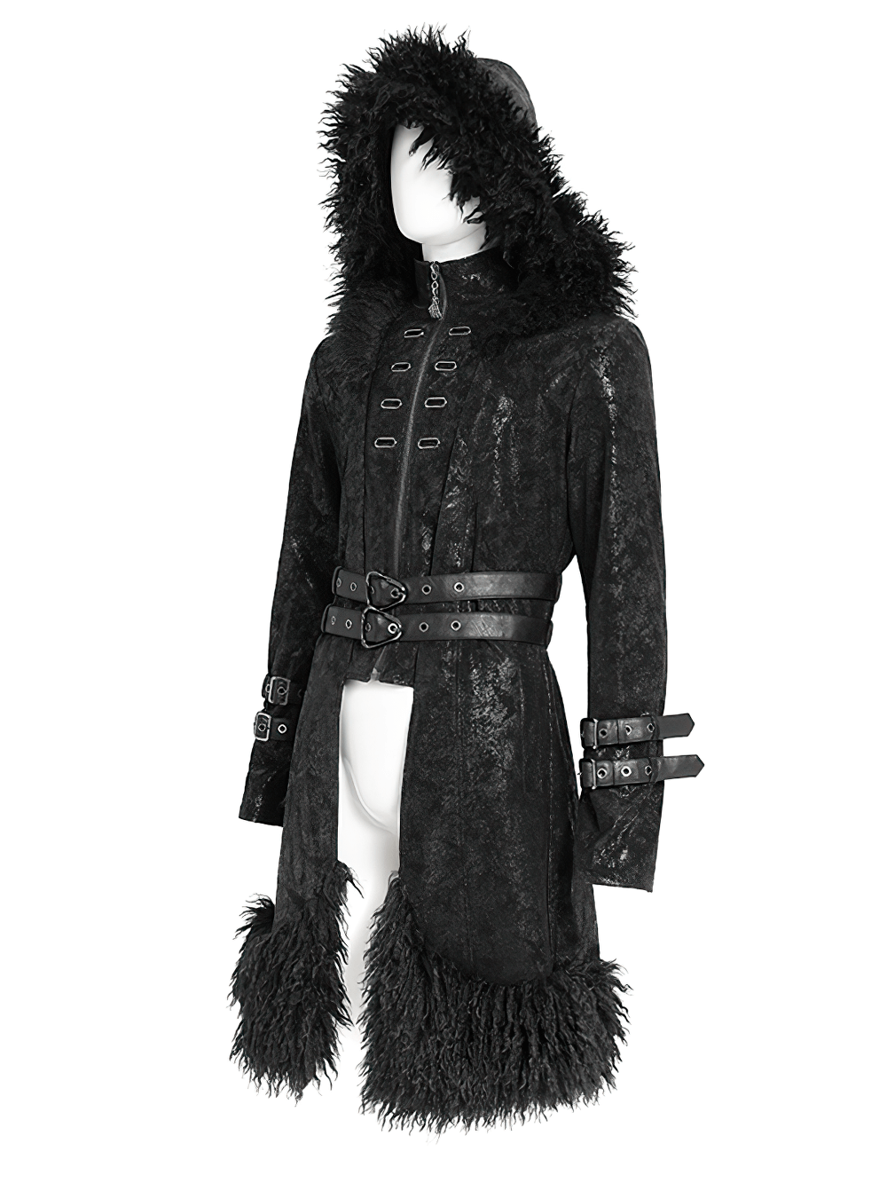 Gothic Faux Fur Hooded Trench Coat with Straps and Belts featuring faux fur trim, buckles, and textured finish.