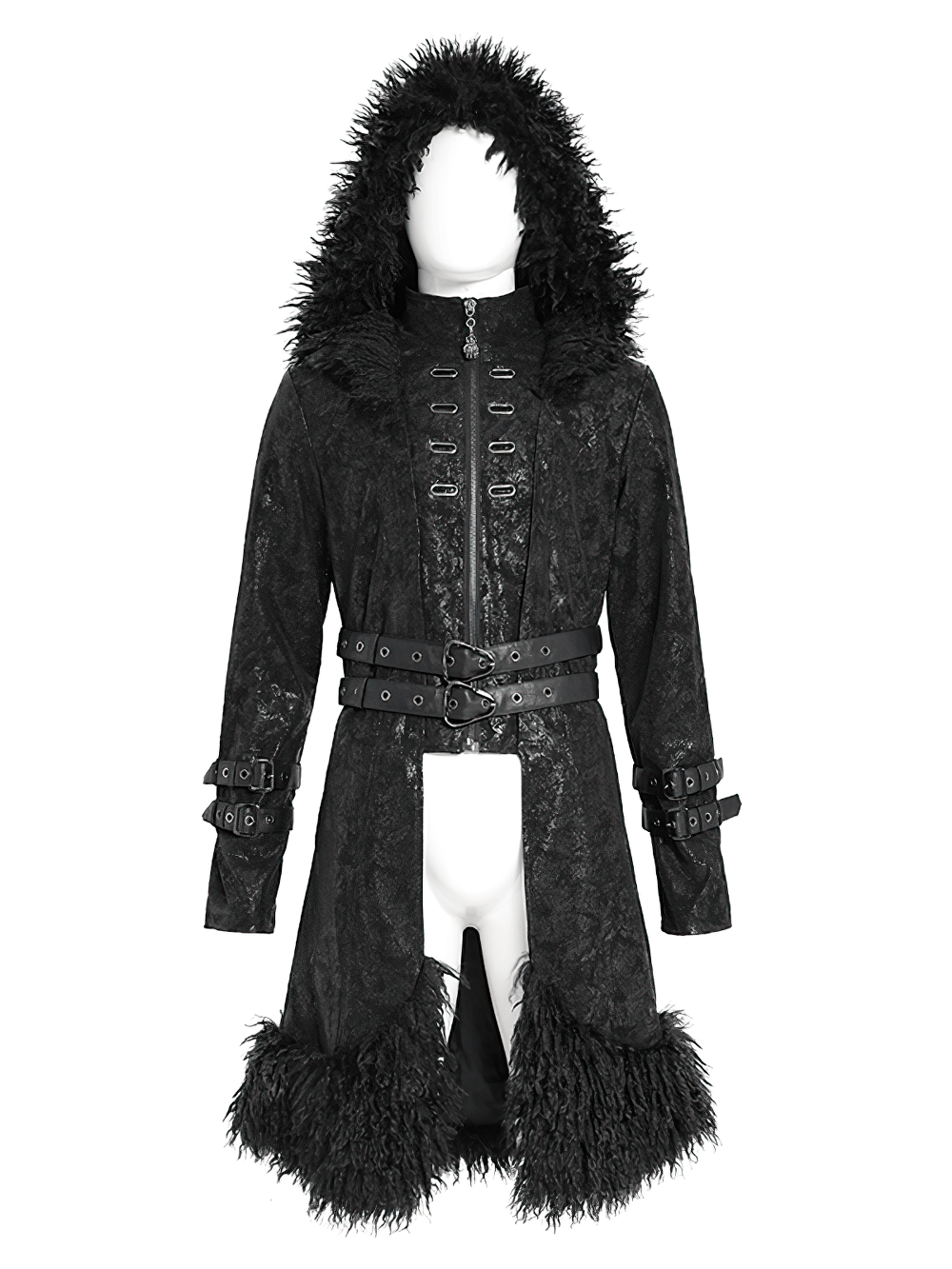 Gothic Faux Fur Hooded Trench Coat with Straps and Belts featuring a dramatic hood and textured finish.