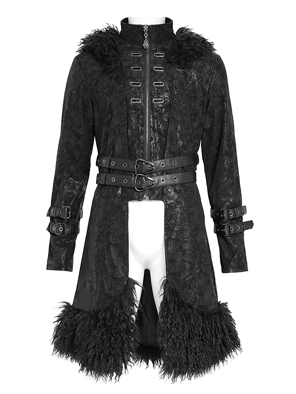 Gothic Faux Fur Hooded Trench Coat with Straps and Belts featuring buckles and textured finish.