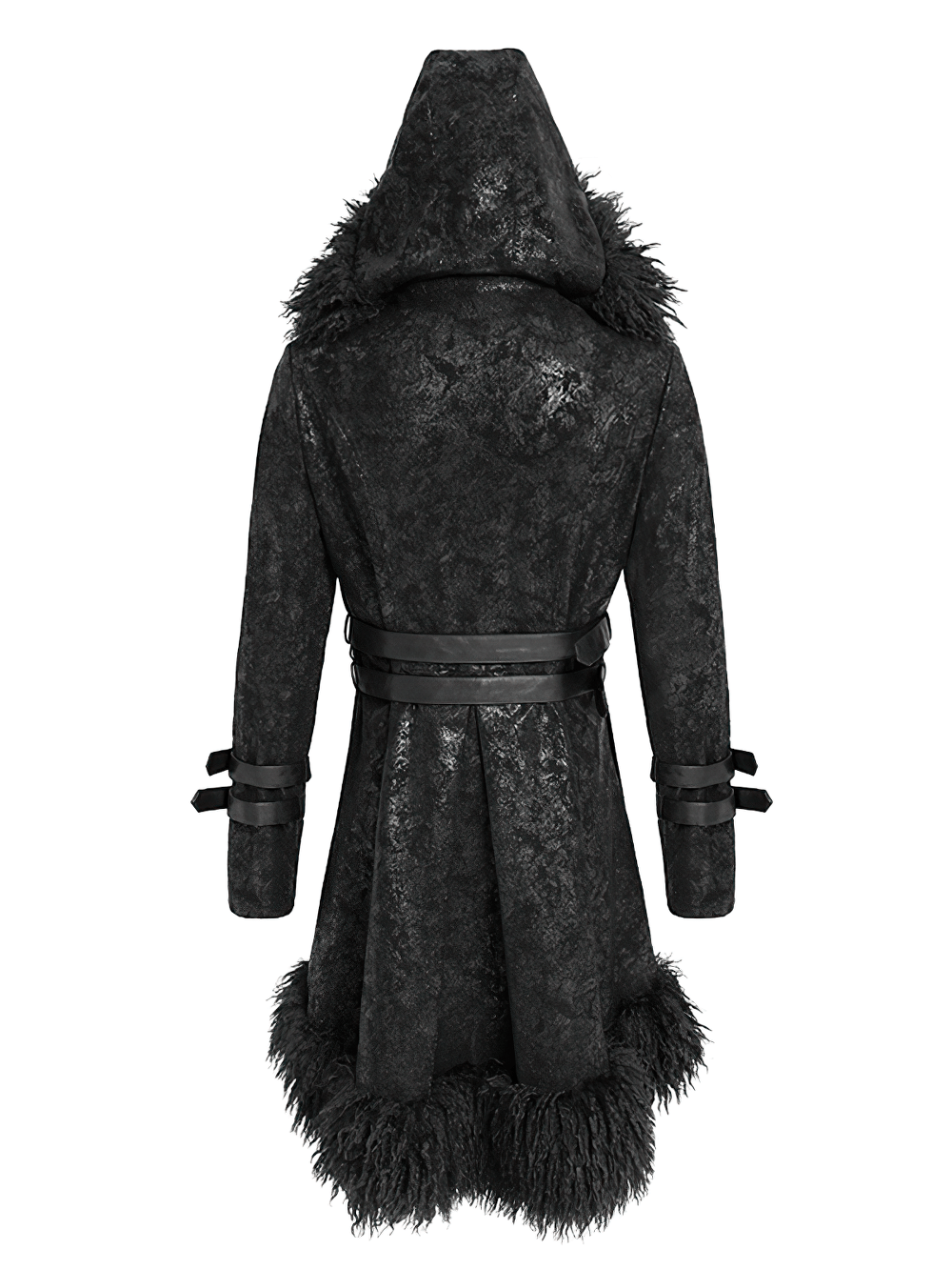 Gothic Faux Fur Hooded Trench Coat with Straps and Belts showcasing the textured finish and dramatic hood.