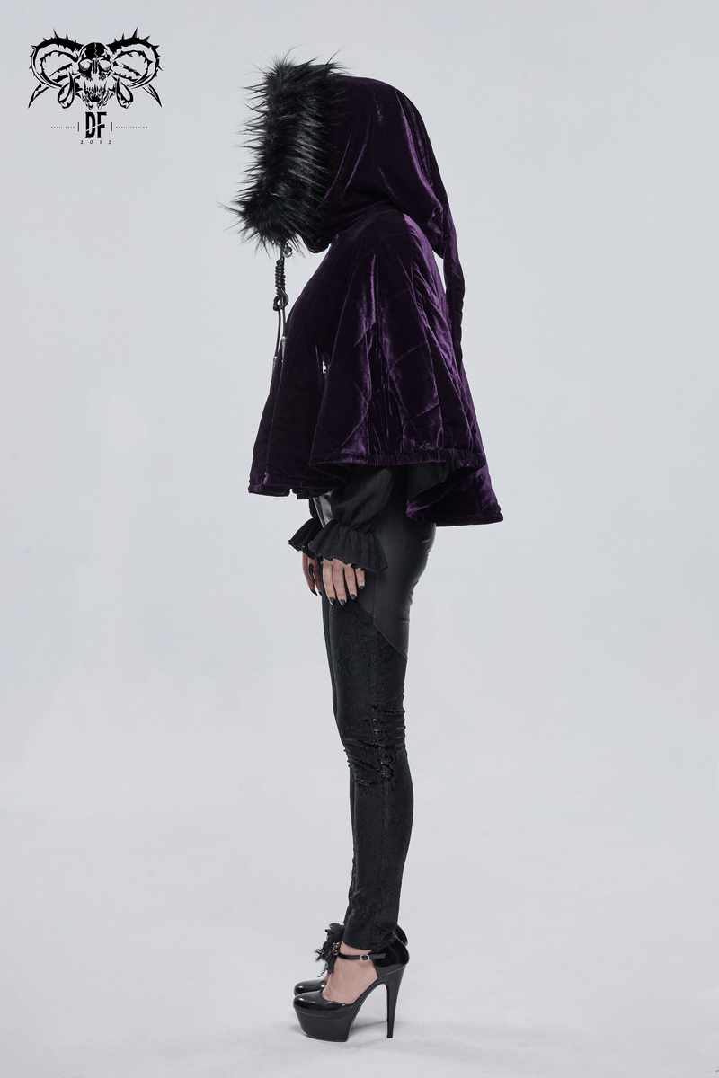 Side view of a women's gothic purple velvet cape with a fur hood, perfect for stylish winter outfits.