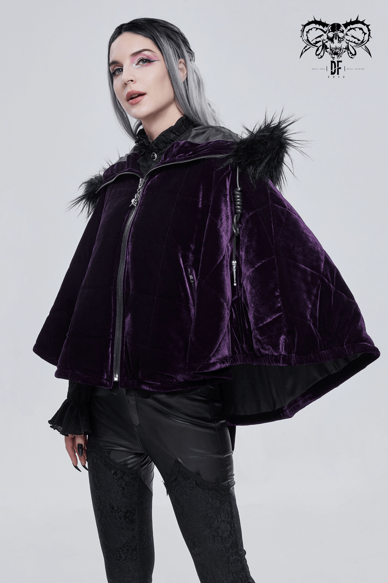 Gothic women's purple velvet cape with faux fur hood, stylish zip design, perfect for adding elegance to your gothic attire.