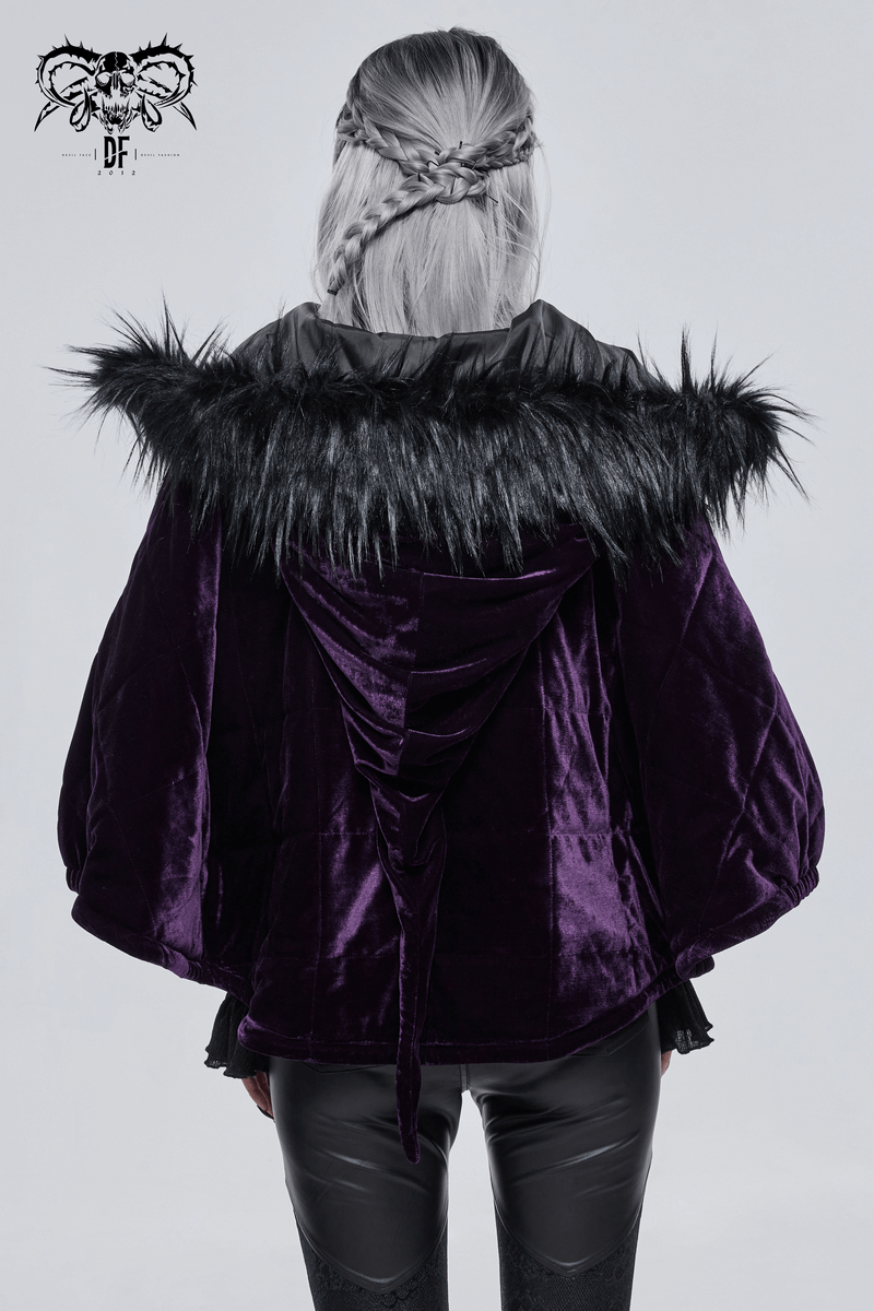 Back view of a women's gothic purple velvet cape with a fur hood and stylish design.