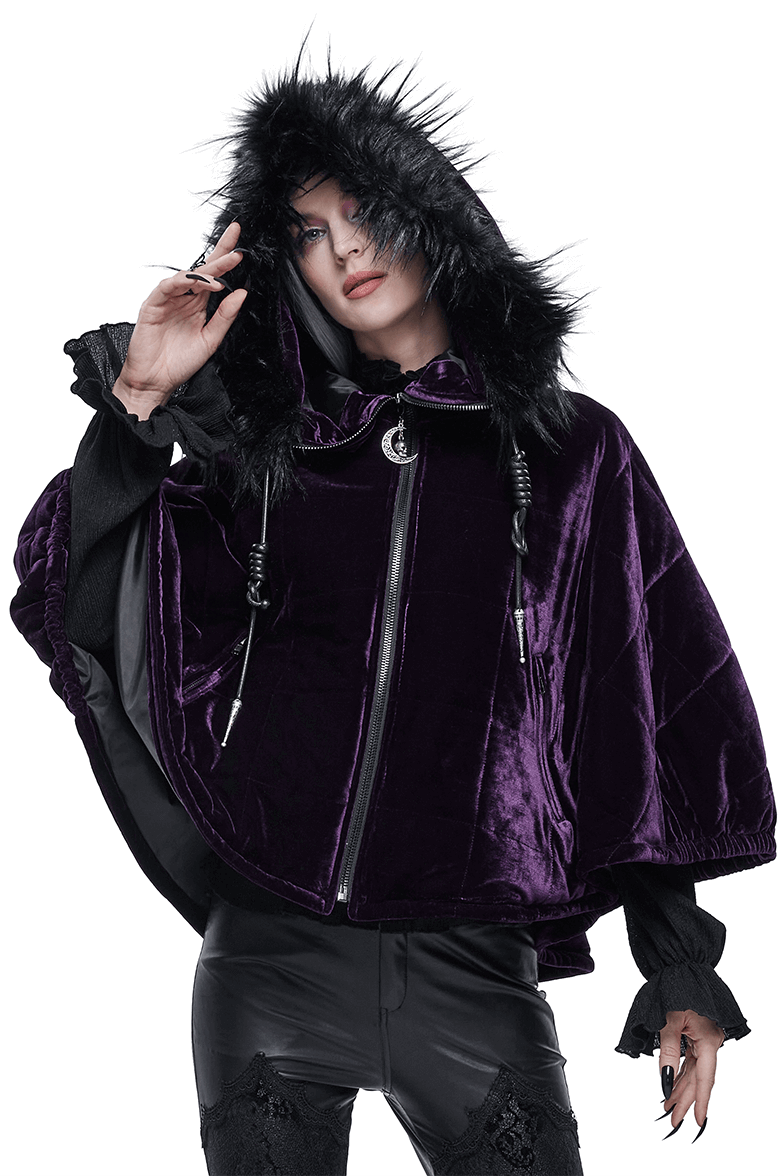 Gothic Faux Fur Hooded Velvet Cape / Warm Purple Zipper Cape for Women - HARD'N'HEAVY