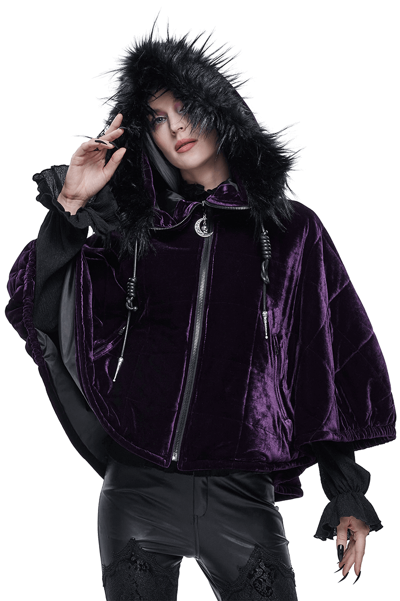 Stylish women's gothic purple velvet cape with faux fur hood, featuring a zipper and elegant design.