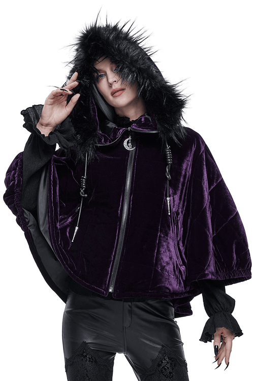 Cape de velours à capuche en fausse fourrure gothique / Cape à glissière violette chaude pour femme