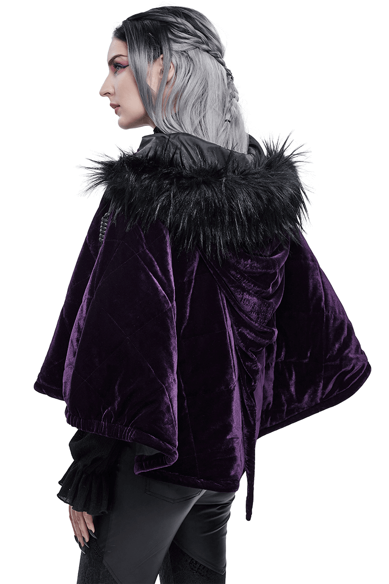 Gothic Faux Fur Hooded Velvet Cape / Warm Purple Zipper Cape for Women - HARD'N'HEAVY