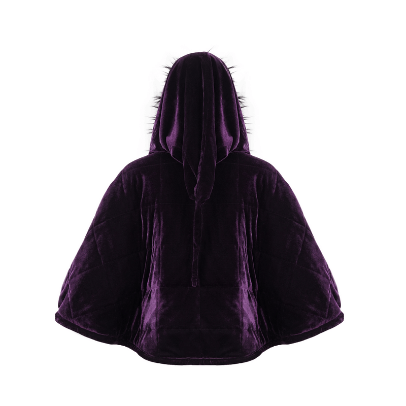 Back view of a women’s Gothic purple velvet cape with a fur hood, perfect for a stylish gothic wardrobe.