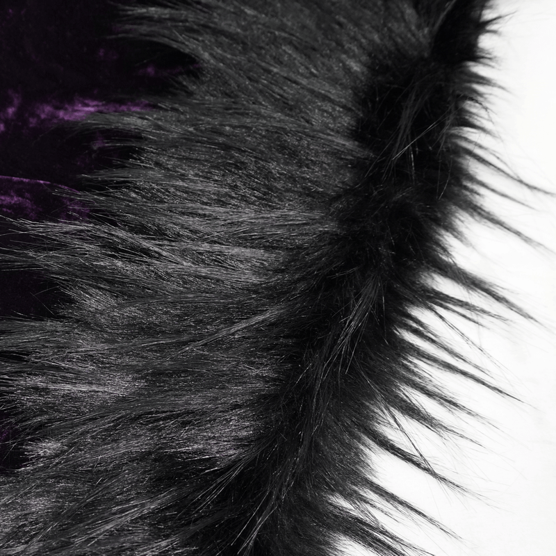 Close-up of silky purple velvet with luxurious black faux fur trim, perfect for gothic capes.