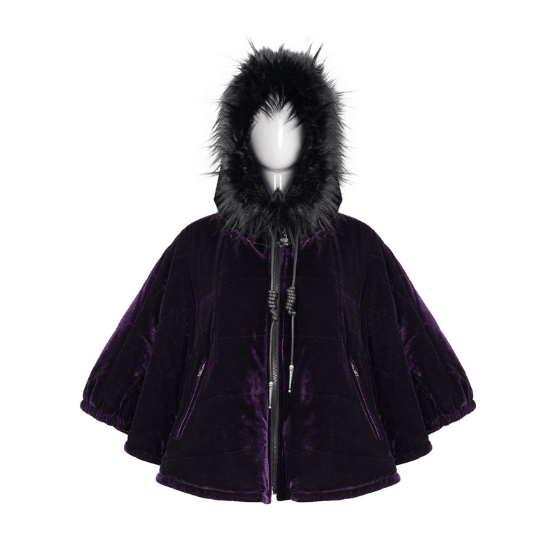 Women's gothic purple velvet cape with faux fur hood, stylish and warm, perfect for gothic wardrobe.