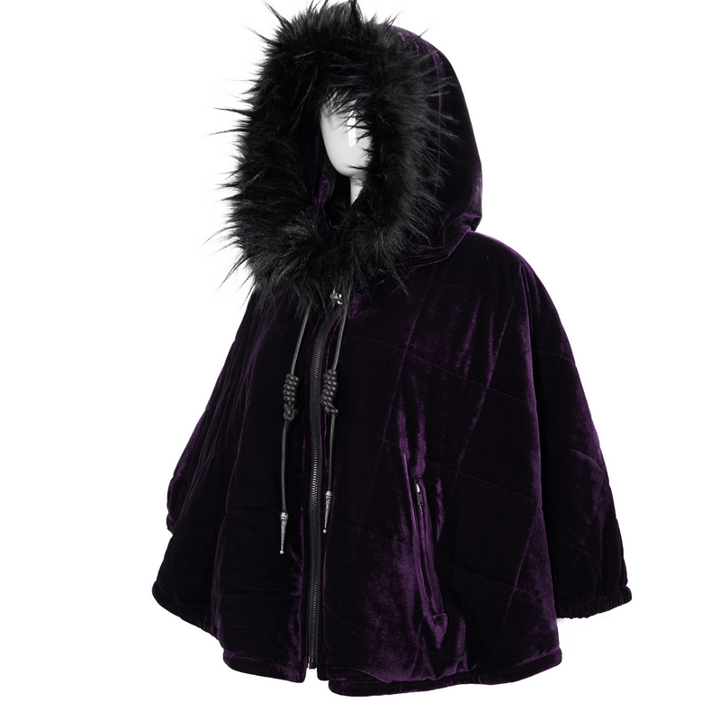 Gothic faux fur hooded velvet cape in rich purple for women, featuring stylish design and cozy hood.
