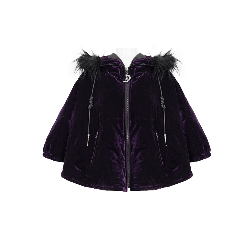 Gothic women's purple velvet cape with faux fur hood and zipper, perfect for stylish gothic ensembles.
