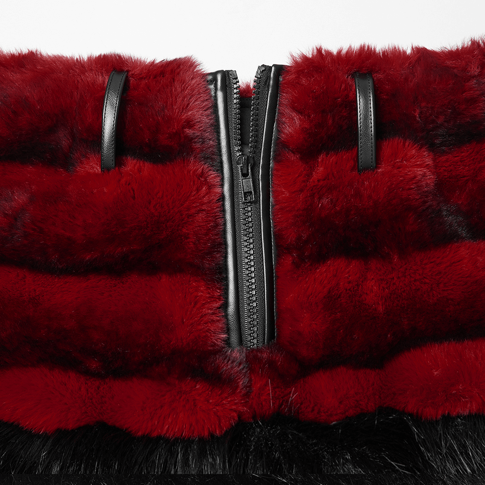 Gothic Faux Fur Mini Skirt with Belt and Studs close-up showing the fluffy red texture and zipper details.