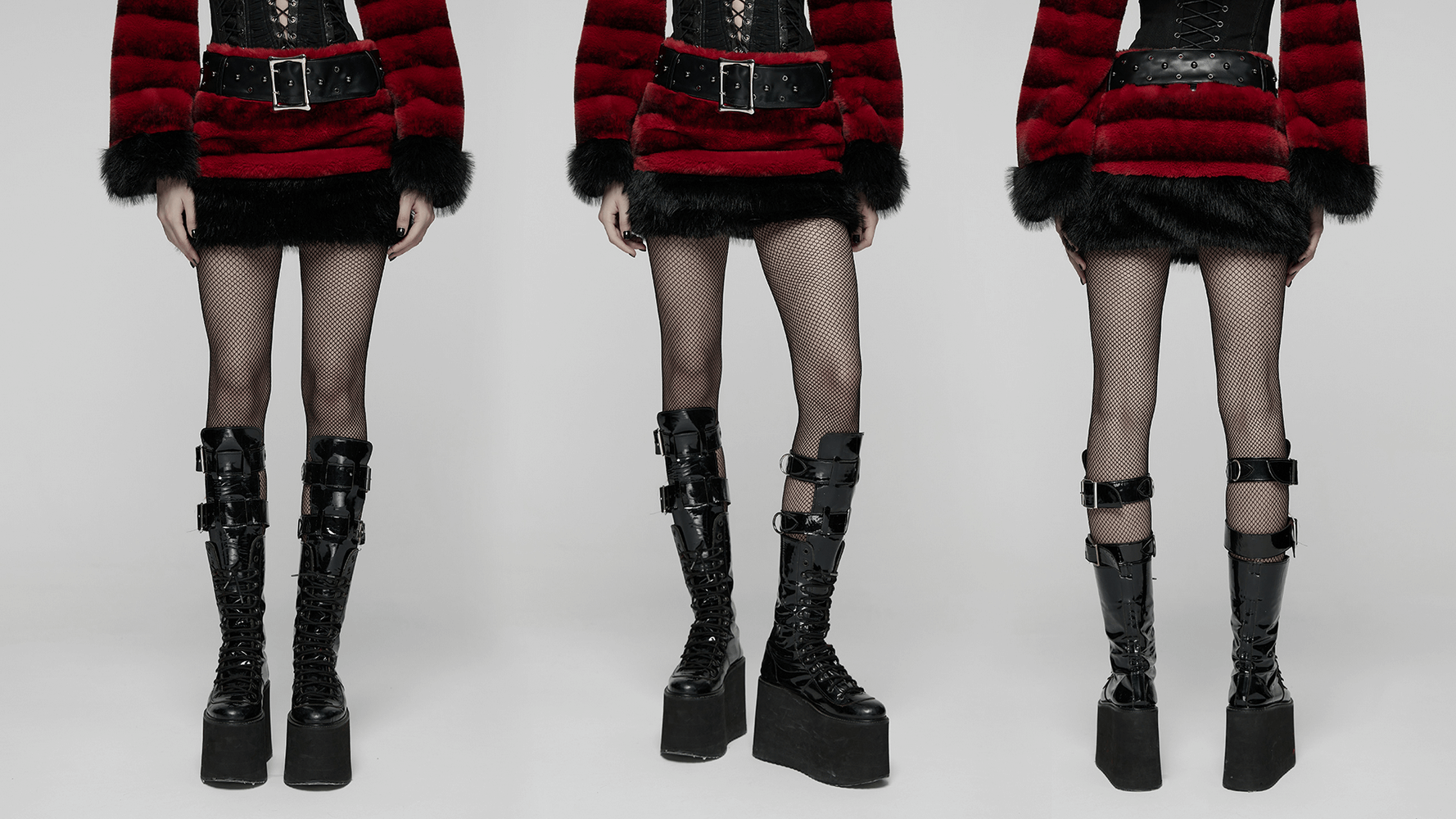 Gothic Faux Fur Mini Skirt with Belt and Studs featuring a punk-inspired look and bold studded details.