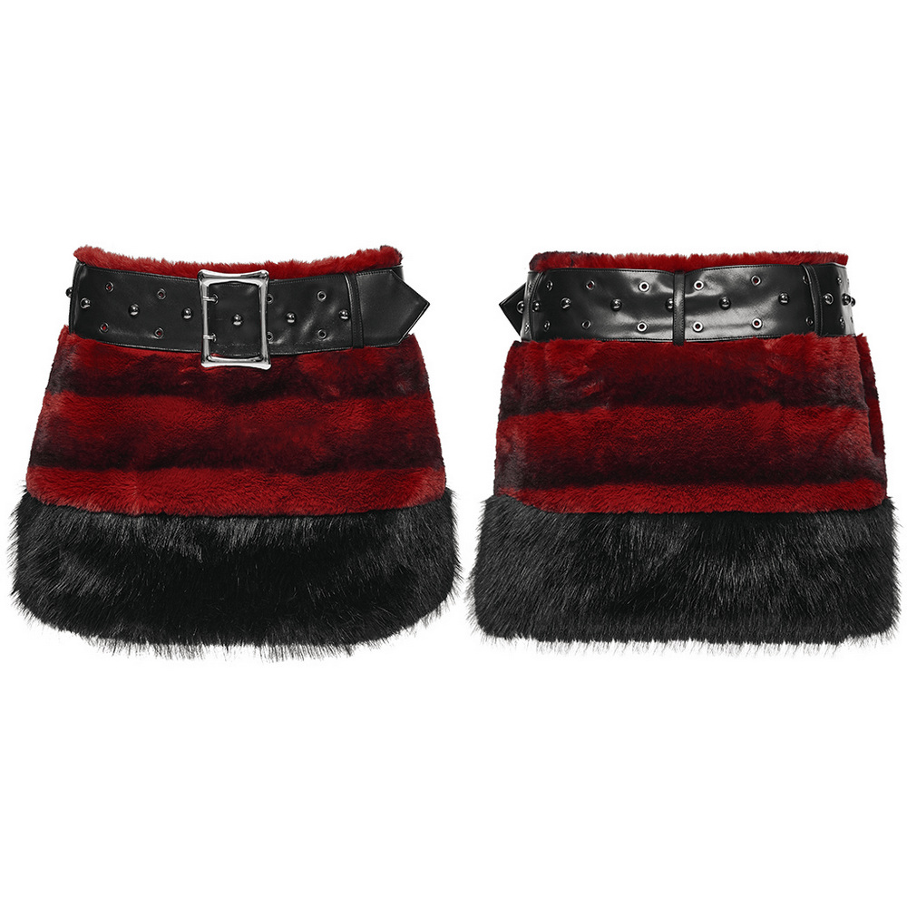 Gothic Faux Fur Mini Skirt with Belt and Studs featuring striped red and black faux fur and studded belt.