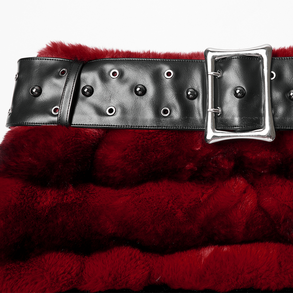 Gothic Faux Fur Mini Skirt with Belt and Studs featuring a studded black belt and plush fur texture.