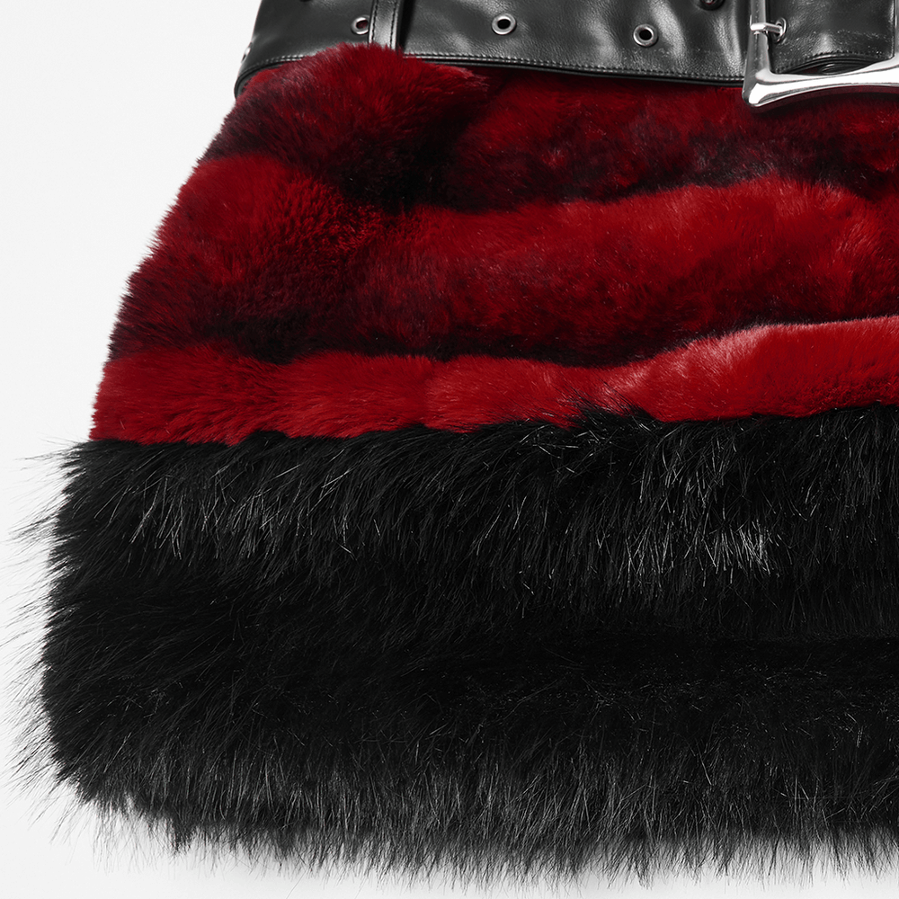 Gothic Faux Fur Mini Skirt with Belt and Studs featuring red and black striped faux fur and a studded belt.