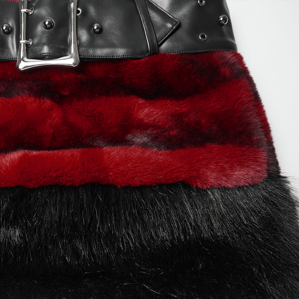 Gothic Faux Fur Mini Skirt with Belt and Studs featuring a bold studded belt and rich red and black faux fur texture.
