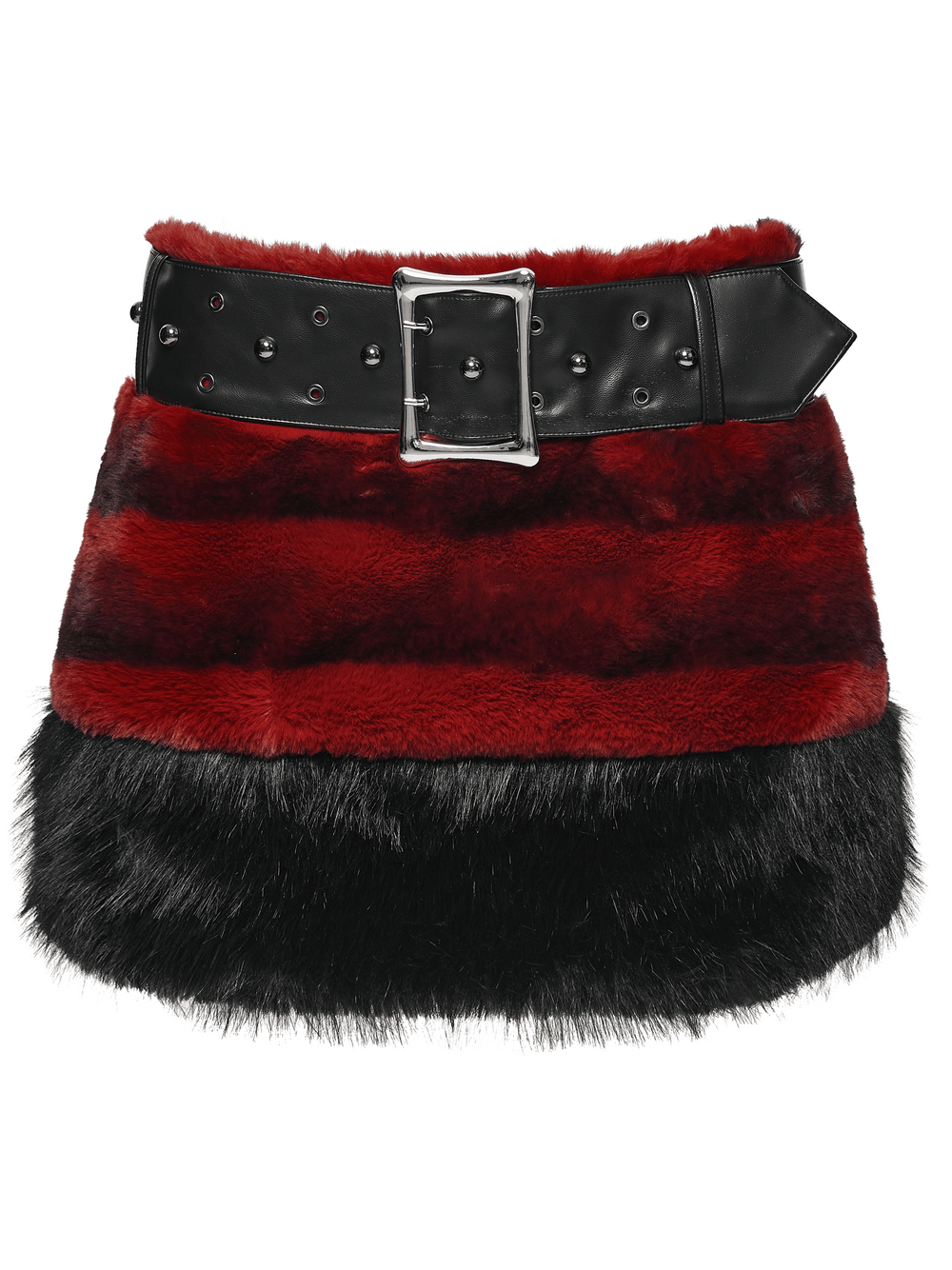 Gothic Faux Fur Mini Skirt with Belt and Studs featuring bold stripes and a studded belt for a punk-inspired look.