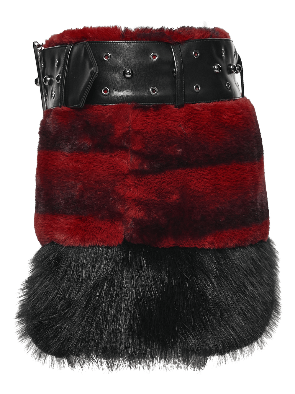 Gothic Faux Fur Mini Skirt with Belt and Studs featuring dramatic red and black stripes and a studded leather belt.