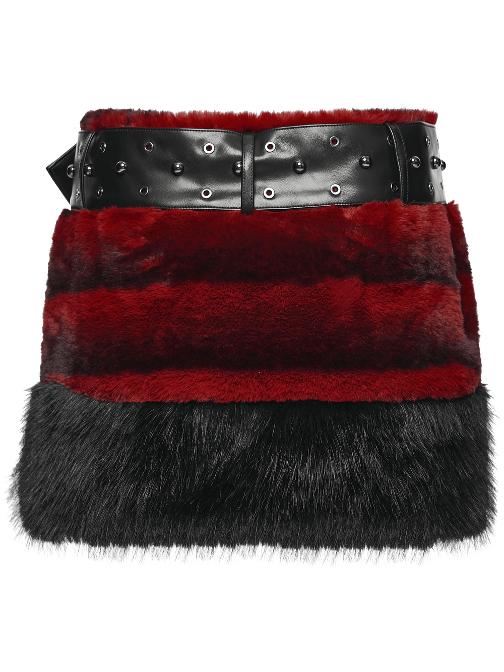Gothic Faux Fur Mini Skirt with Belt and Studs featuring a punk-inspired studded belt and dramatic faux fur texture.