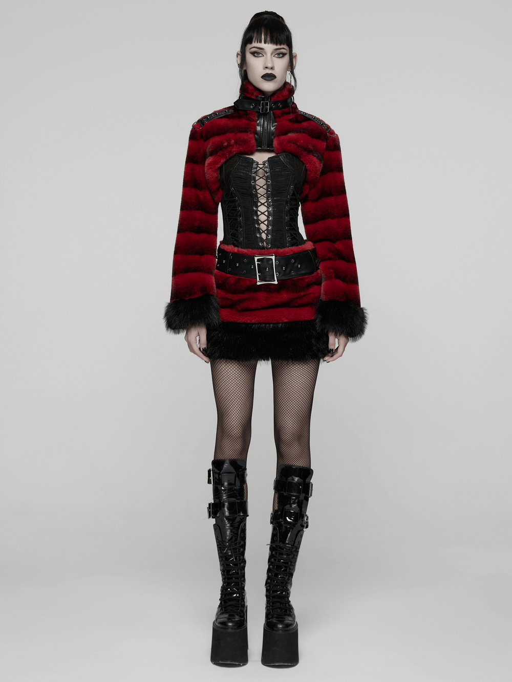 Gothic Faux Fur Mini Skirt with Belt and Studs, punk style, bold studded belt, dramatic layers, perfect for winter looks.
