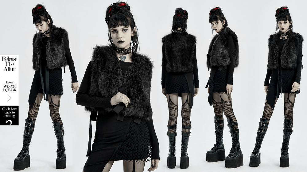 Gothic Faux Fur Vested Jacket, Black Elegance - HARD'N'HEAVY