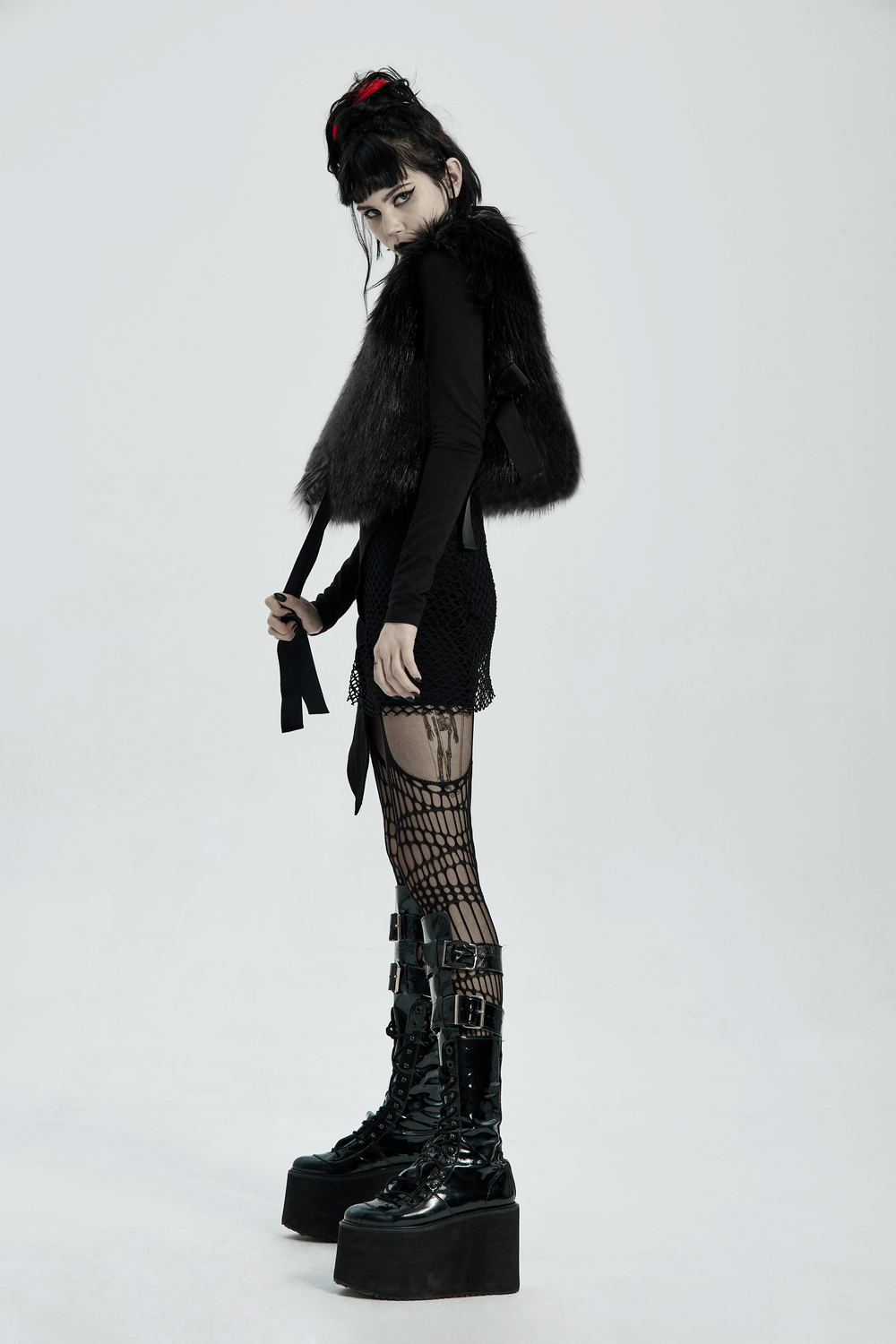 Gothic Faux Fur Vested Jacket, Black Elegance - HARD'N'HEAVY