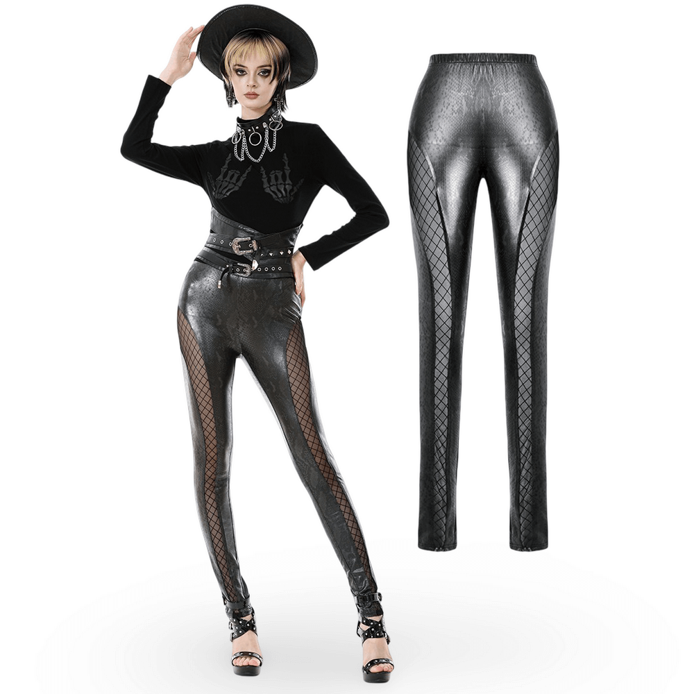 Gothic Faux Leather and Mesh Panel High-Waist Skinny Pants styled with a black top and hat, showcasing snakeskin texture and fishnet sides.