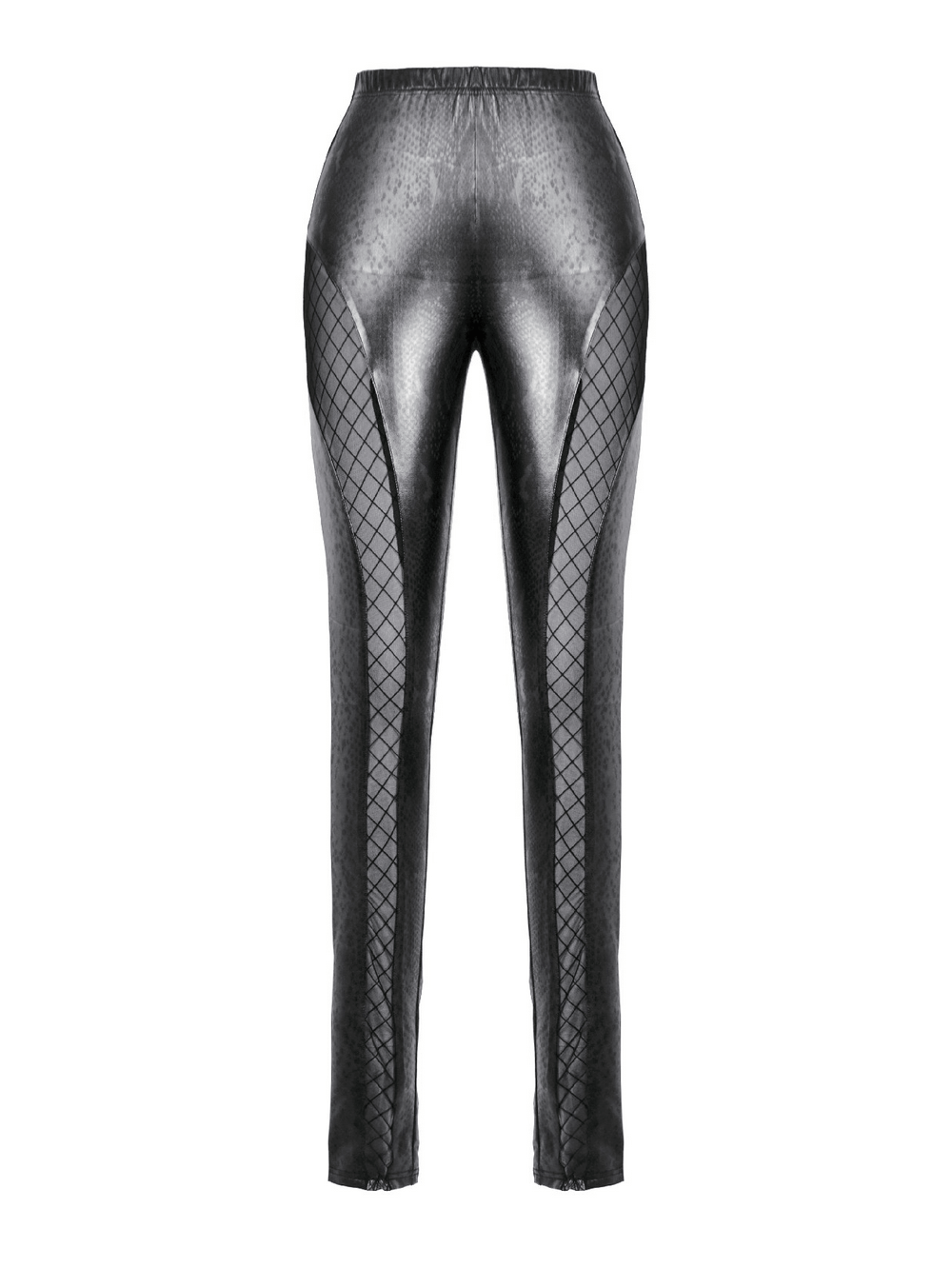 Gothic Faux Leather and Mesh Panel High-Waist Skinny Pants featuring sleek snakeskin texture and bold mesh panels.
