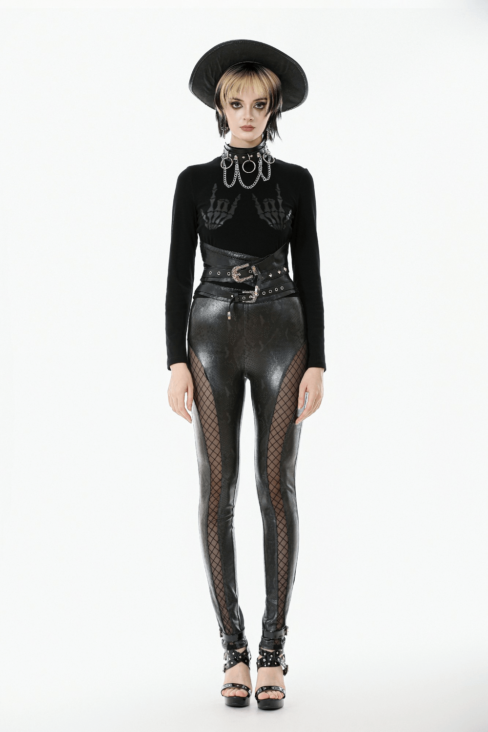 Gothic Faux Leather and Mesh Panel High-Waist Skinny Pants styled with a black top, hat, and statement accessories.