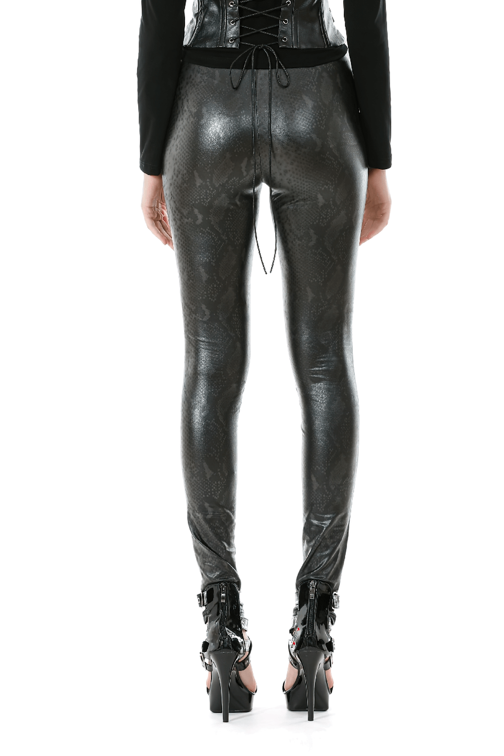 Gothic Faux Leather and Mesh Panel High-Waist Skinny Pants showcasing a sleek snakeskin texture and bold fishnet side panels.