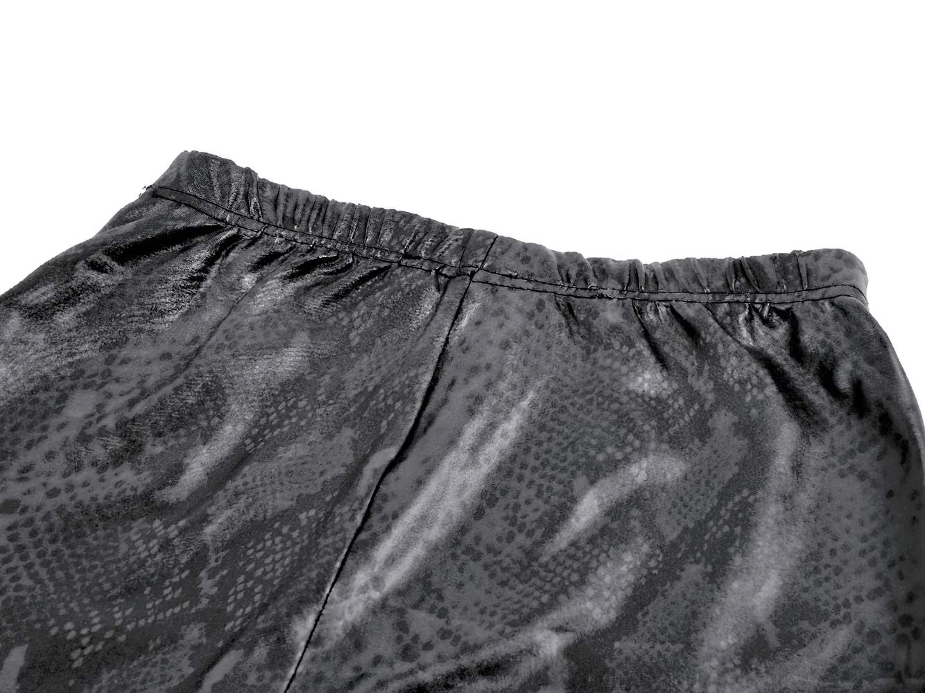 Gothic Faux Leather and Mesh Panel High-Waist Skinny Pants close-up showing snakeskin texture and elastic waistband.