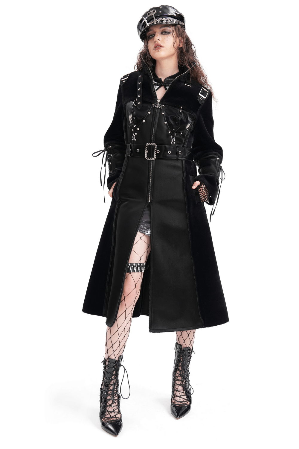 Gothic faux leather velvet coat with buckle and lace-up details, studded accents, and high collar for an edgy, flattering silhouette.