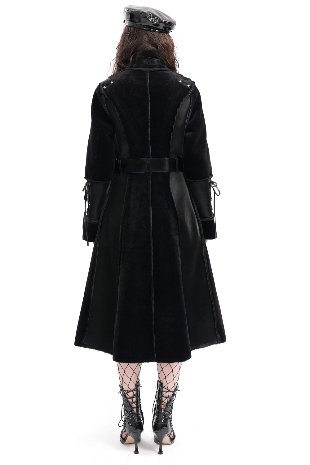 Gothic faux leather and velvet long coat with buckle detail and lace-up sleeves, back view showcasing edgy design.