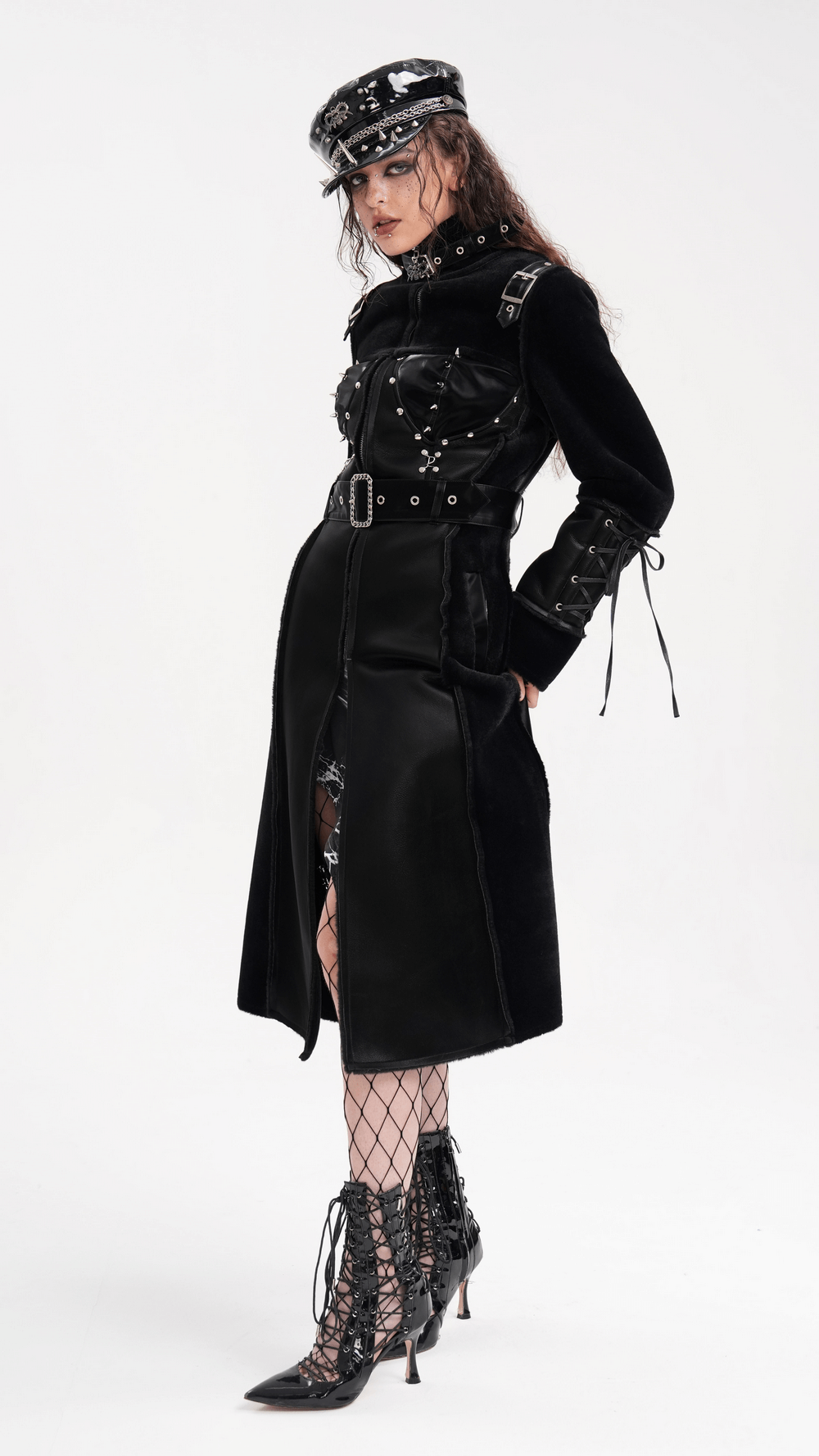 Gothic Faux Leather and Velvet Long Coat with Buckle Detail